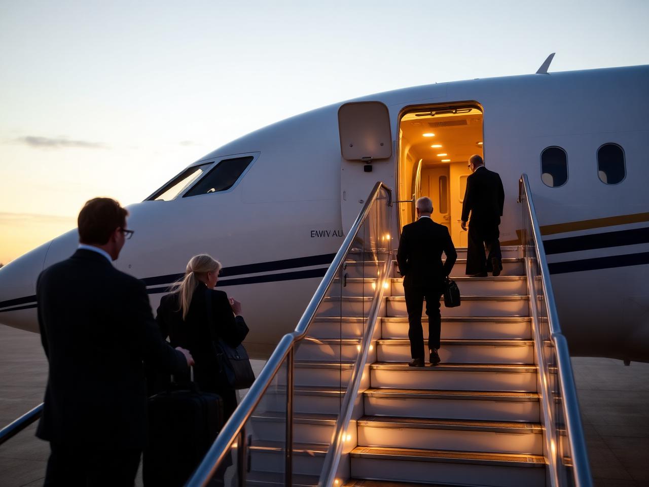 Travellers boarding an aircraft at dawn